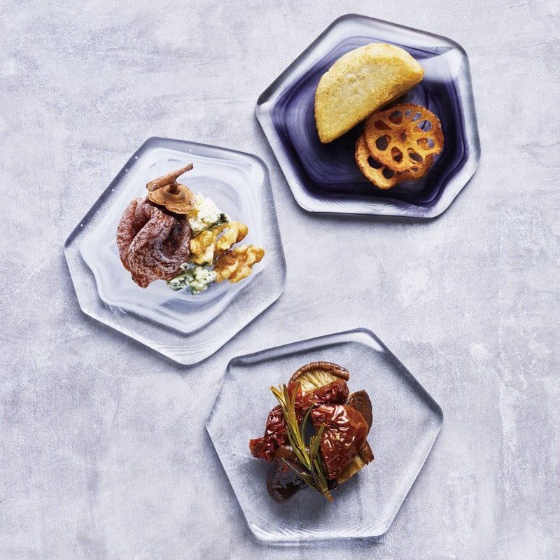 ガラス食器 水墨 多角プレート 11.5cm BK/WH/CR